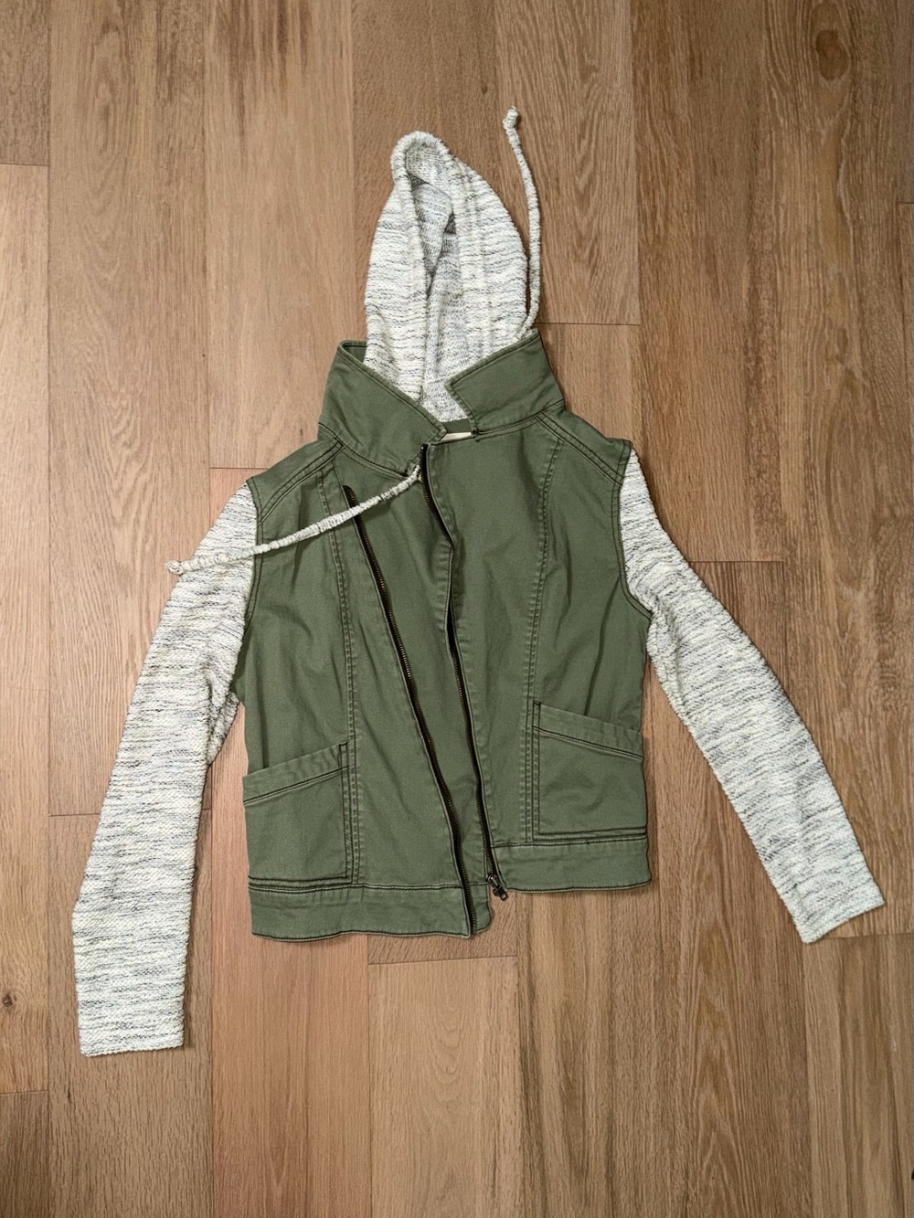 Mossimo Supply Co. Olive Green Utility Jacket with Heather Gray Hoodie Sleeves